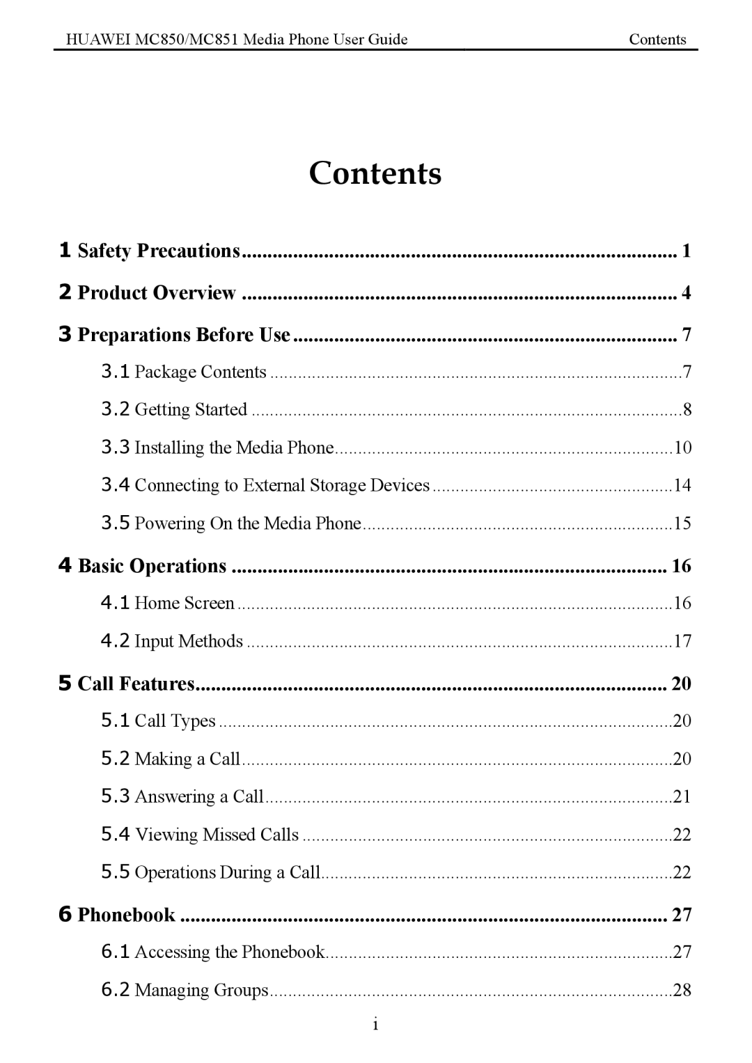 Huawei MC850 manual Contents 