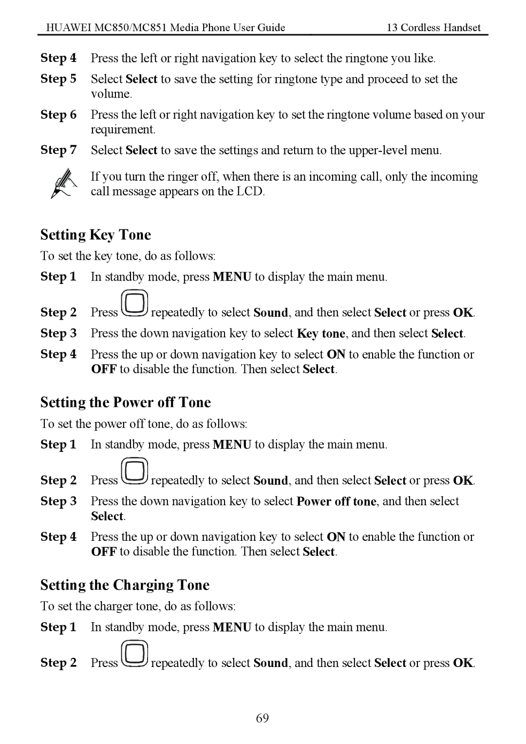 Huawei MC850 manual Setting Key Tone, Setting the Power off Tone, Setting the Charging Tone 