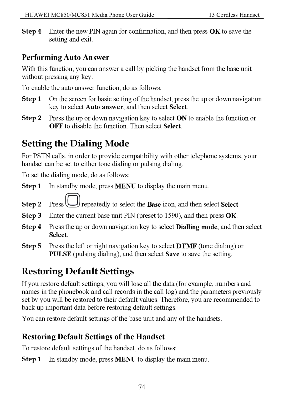 Huawei MC850 manual Setting the Dialing Mode, Restoring Default Settings, Performing Auto Answer 