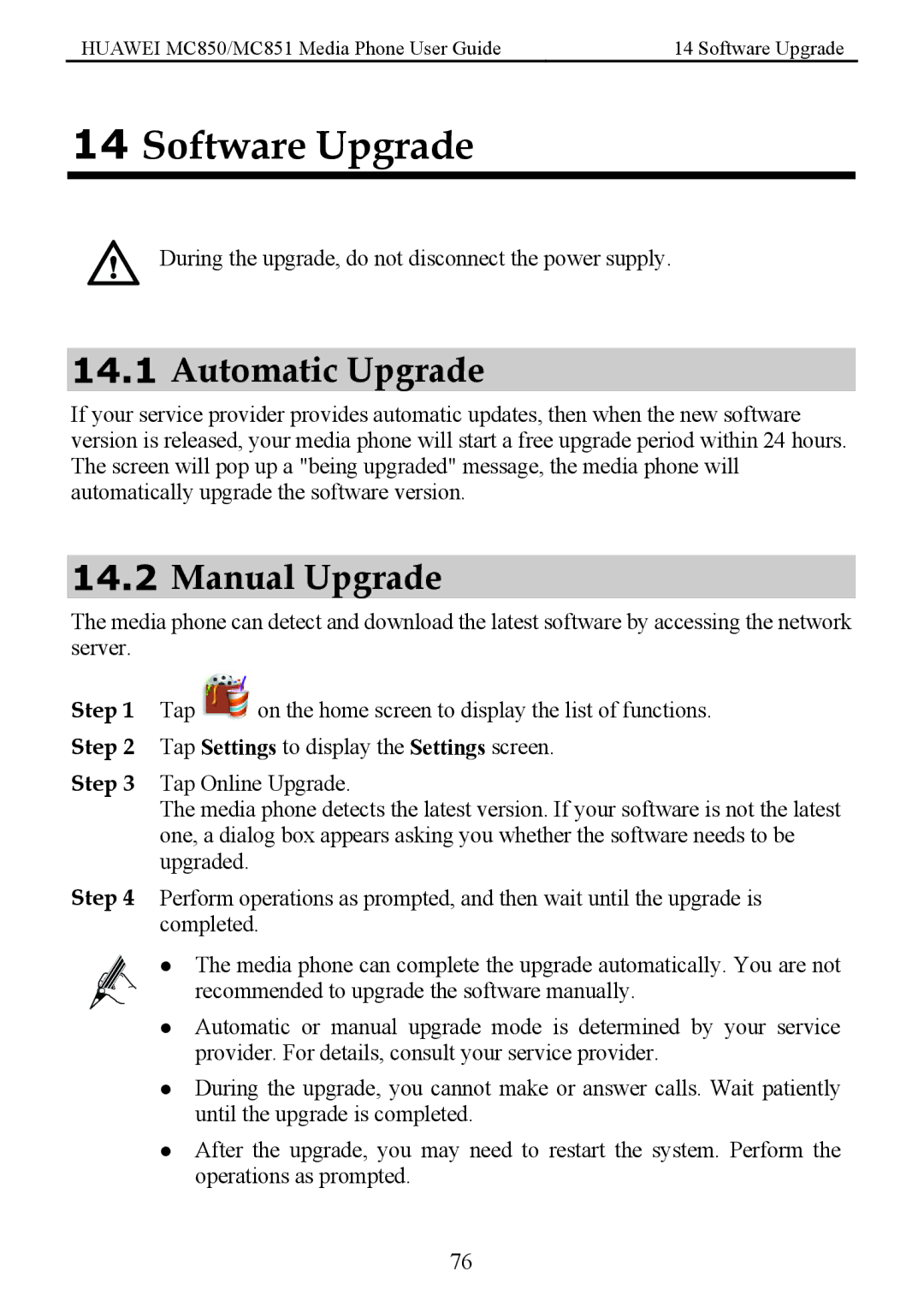 Huawei MC850 manual Software Upgrade, Automatic Upgrade, Manual Upgrade 