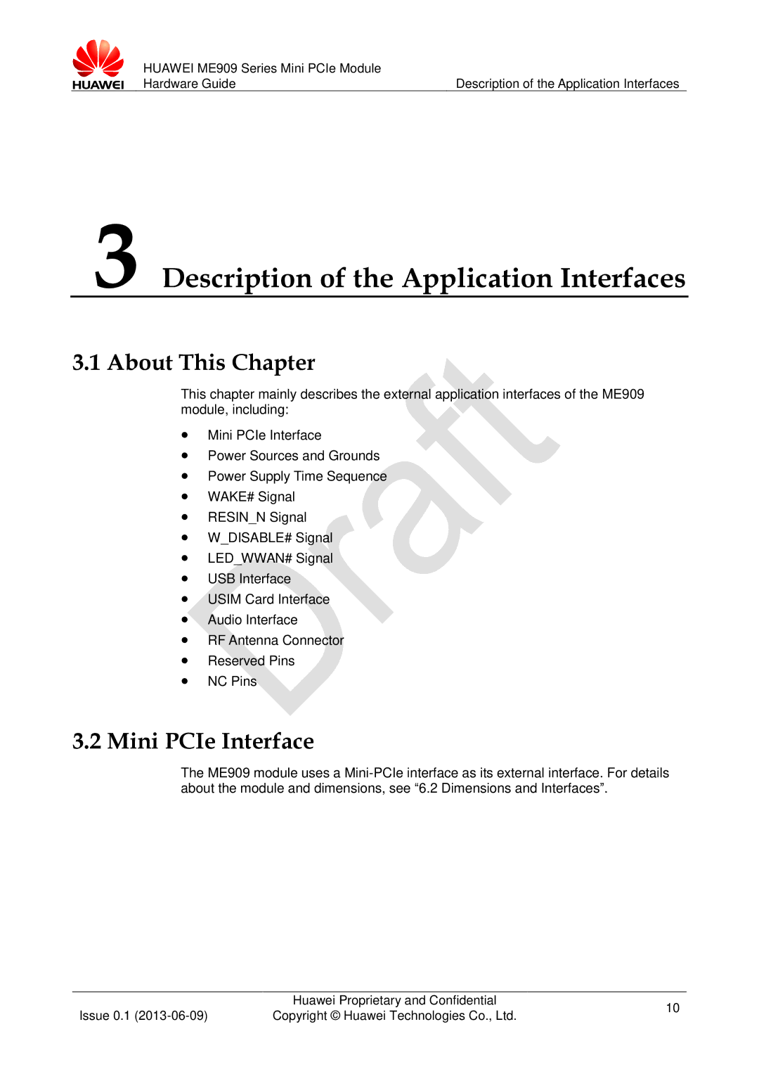 Huawei ME909 manual Description of the Application Interfaces, Mini PCIe Interface 