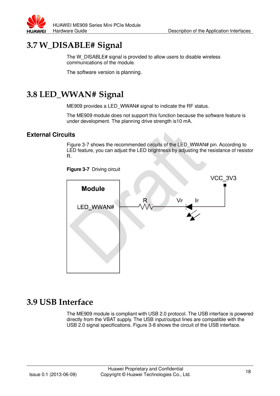 Huawei ME909 manual WDISABLE# Signal, LEDWWAN# Signal, USB Interface 