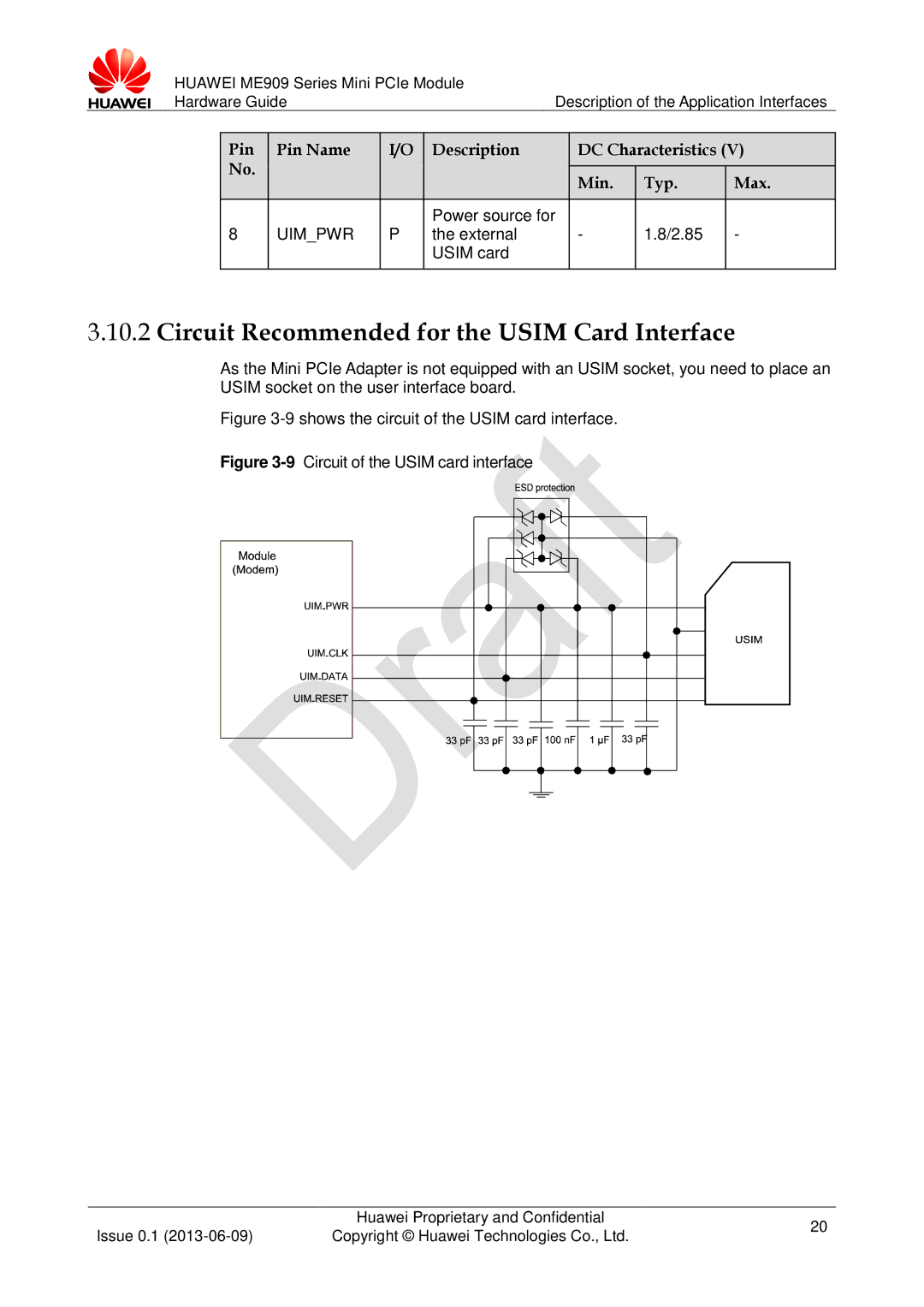 Huawei ME909 manual Circuit Recommended for the Usim Card Interface, External 2.85 Usim card 