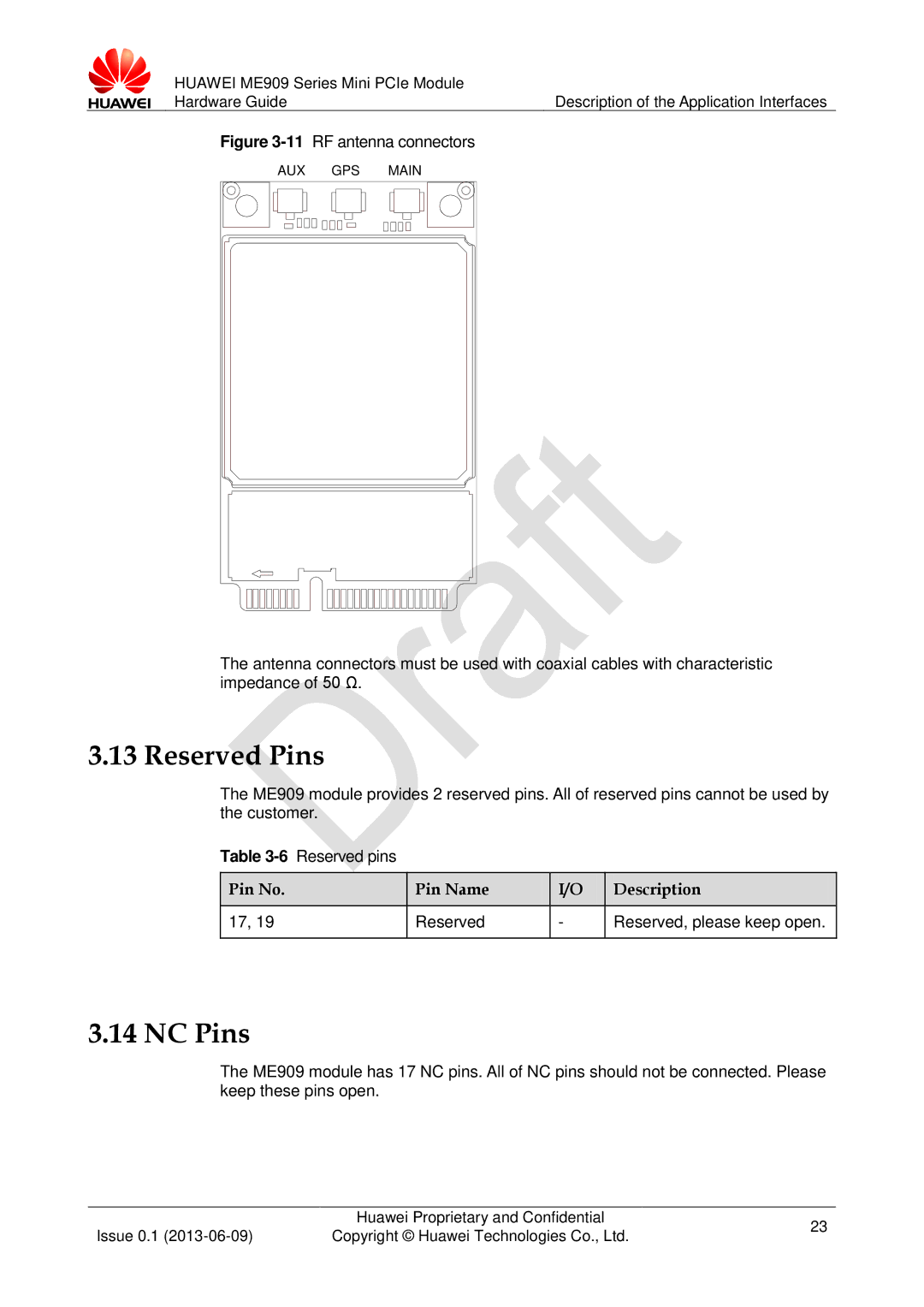 Huawei ME909 manual Reserved Pins, NC Pins, Pin No Pin Name Description, Reserved Reserved, please keep open 