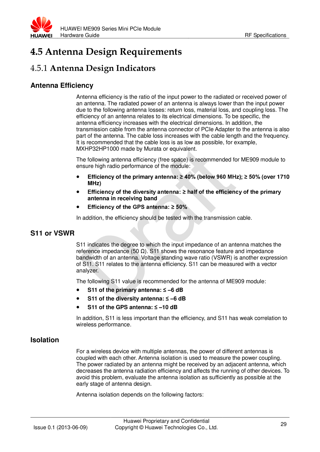 Huawei ME909 manual Antenna Design Requirements, Antenna Design Indicators 