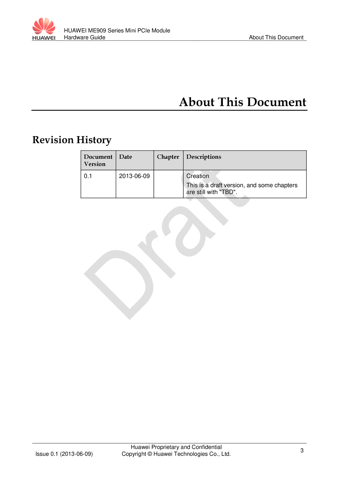 Huawei ME909 manual About This Document, Revision History, Document Date Chapter Descriptions Version 