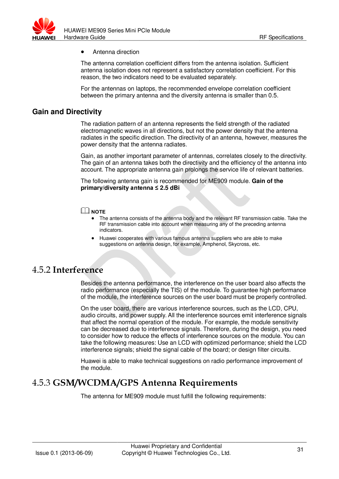 Huawei ME909 manual Interference, 3 GSM/WCDMA/GPS Antenna Requirements 