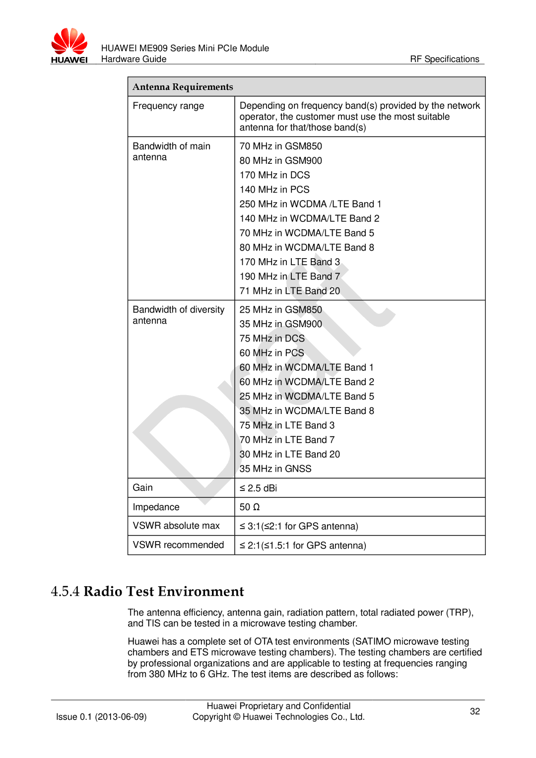 Huawei ME909 manual Radio Test Environment, Frequency range, Operator, the customer must use the most suitable 