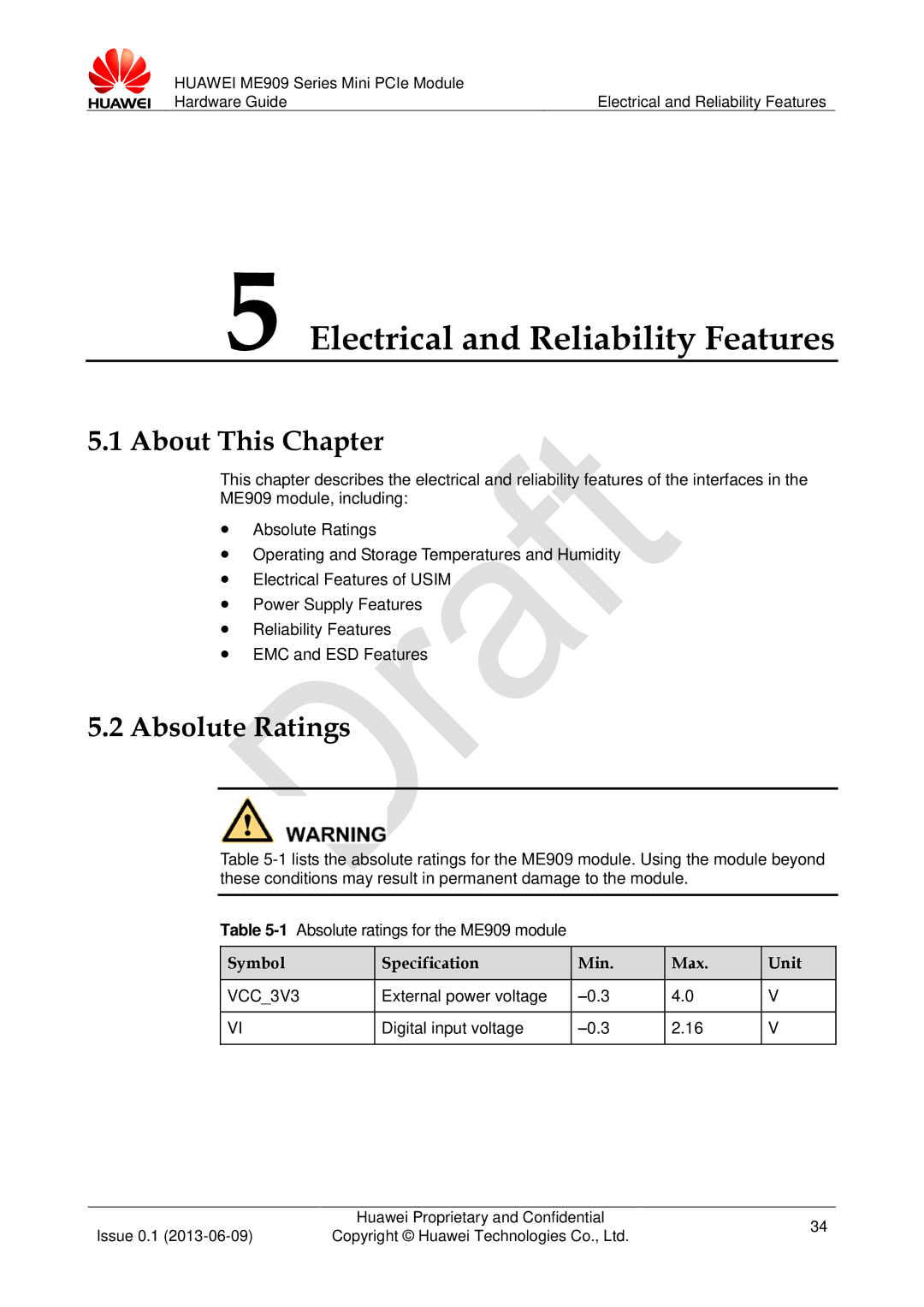 Huawei ME909 manual Electrical and Reliability Features, Absolute Ratings, Symbol Specification Min Max Unit 
