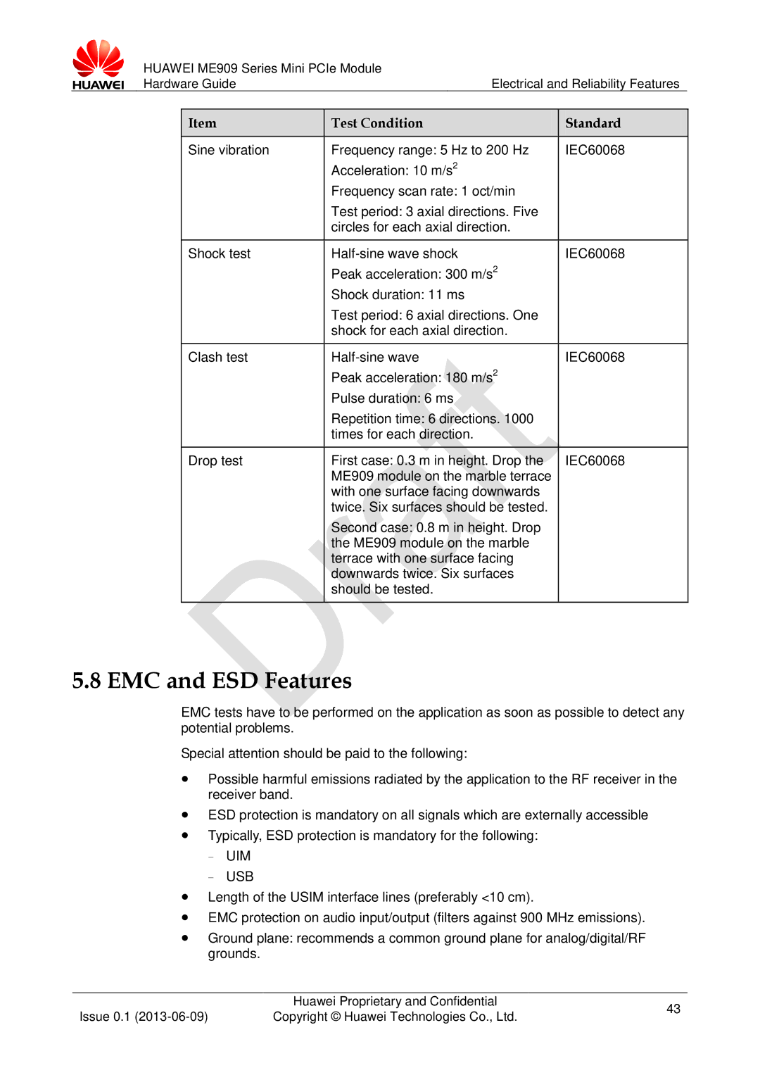 Huawei ME909 manual EMC and ESD Features, Uim − Usb 