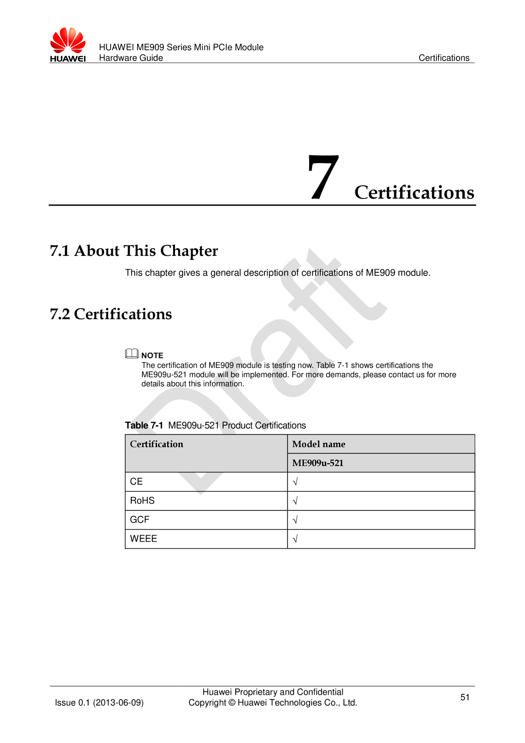 Huawei manual Certifications, Certification Model name ME909u-521, GCF Weee 