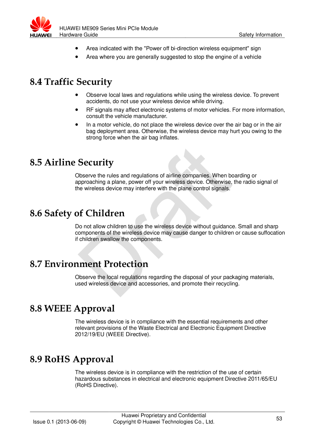 Huawei ME909 Traffic Security, Airline Security, Safety of Children, Environment Protection, Weee Approval, RoHS Approval 