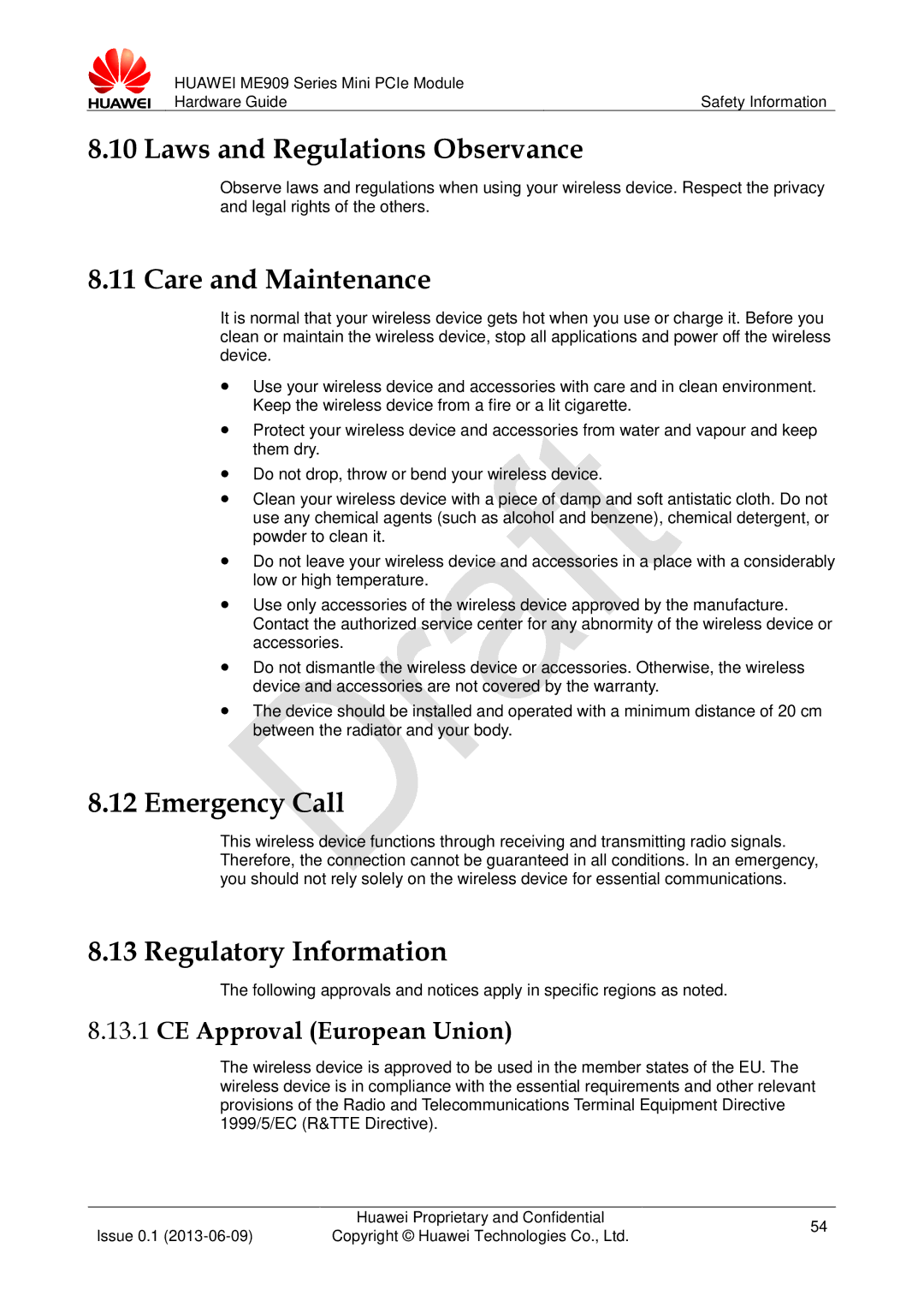 Huawei ME909 manual Laws and Regulations Observance, Care and Maintenance, Emergency Call, Regulatory Information 