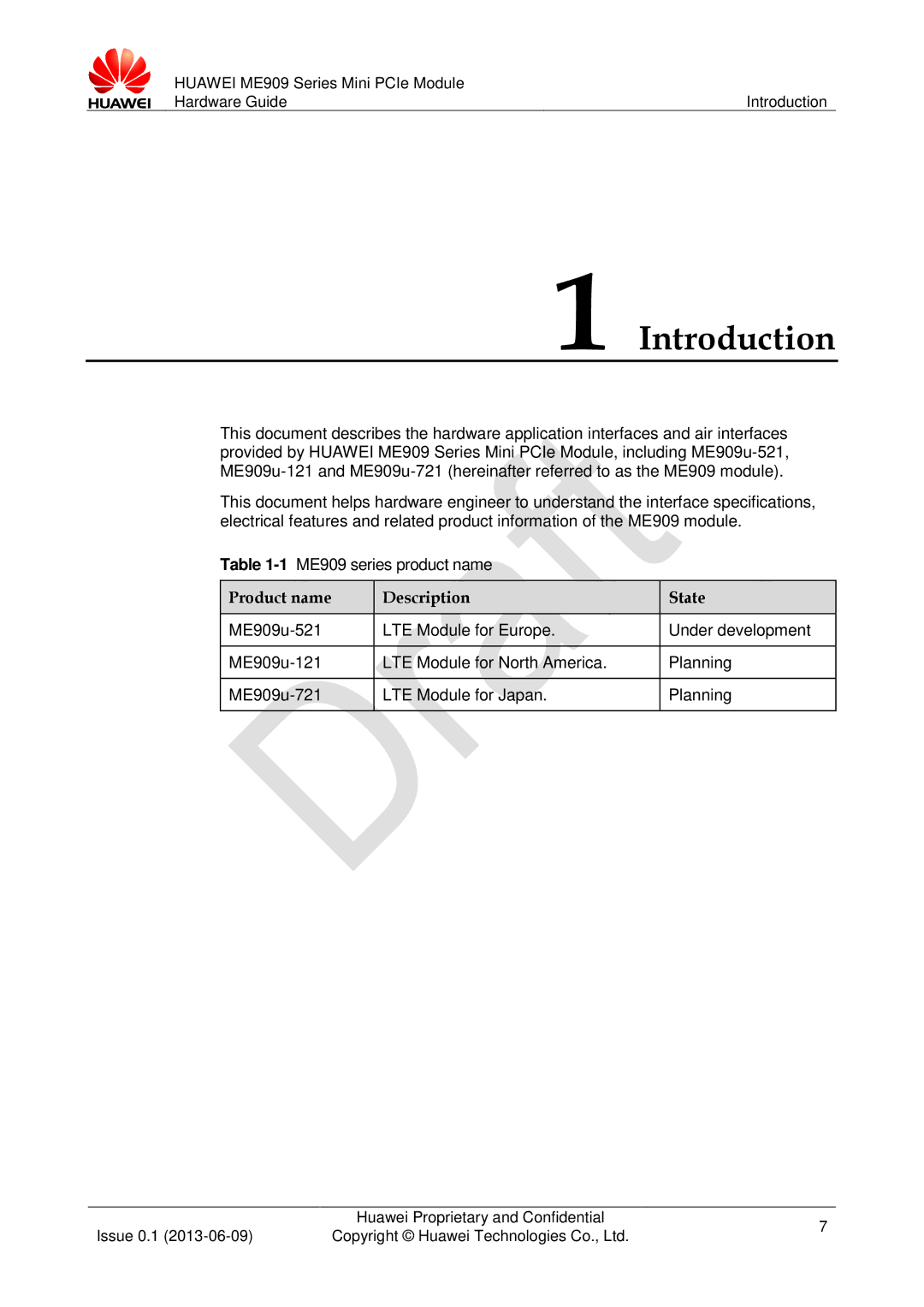 Huawei manual Introduction, 1ME909 series product name, Product name Description State 