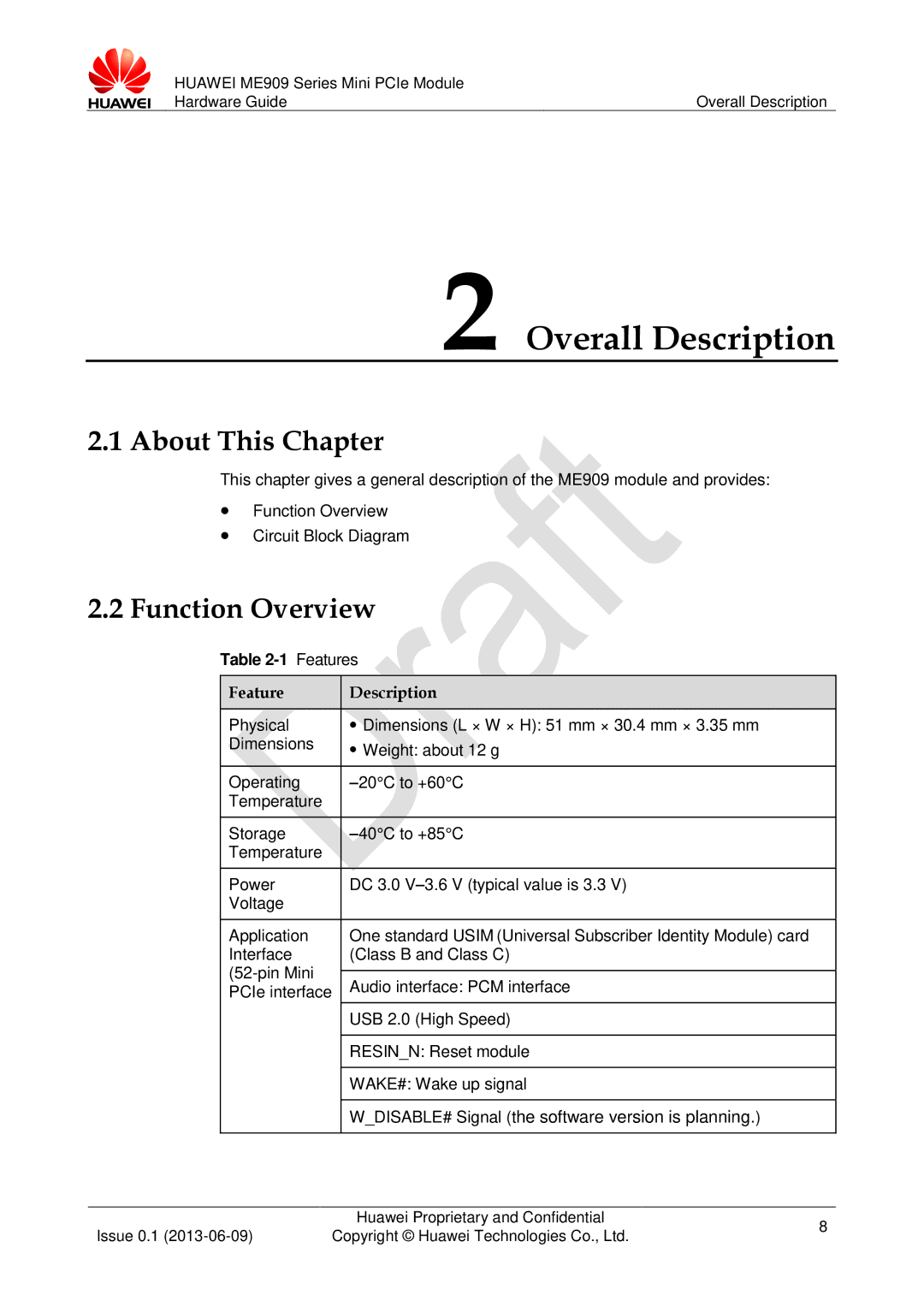 Huawei ME909 manual Overall Description, About This Chapter, Function Overview, Feature Description 