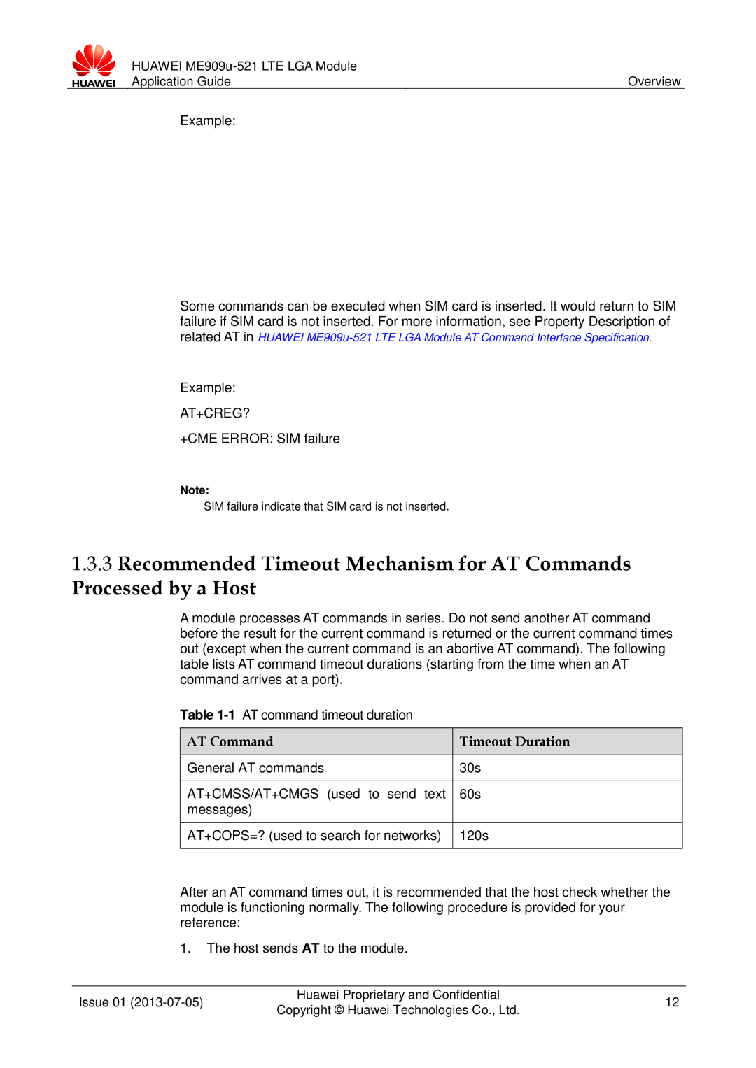 Huawei ME909u-521 manual Example, At+Creg?, +CME Error SIM failure, AT Command Timeout Duration 