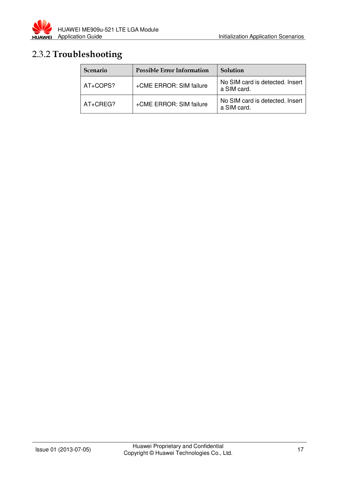 Huawei ME909u-521 manual Scenario Possible Error Information Solution, At+Cops? 