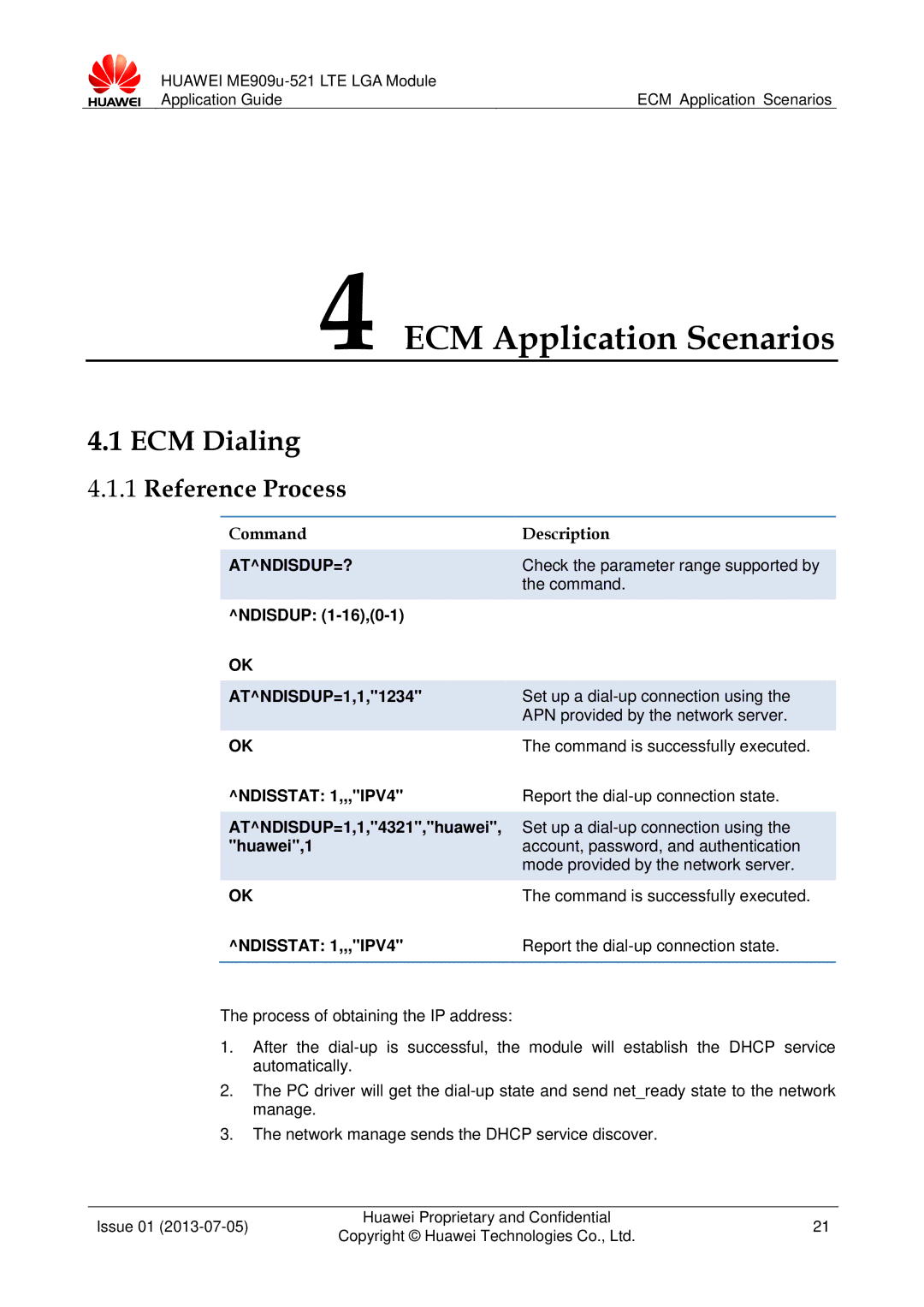 Huawei ME909u-521 manual ECM Application Scenarios, ECM Dialing, Atndisdup=?, Ndisstat 1,,,IPV4 