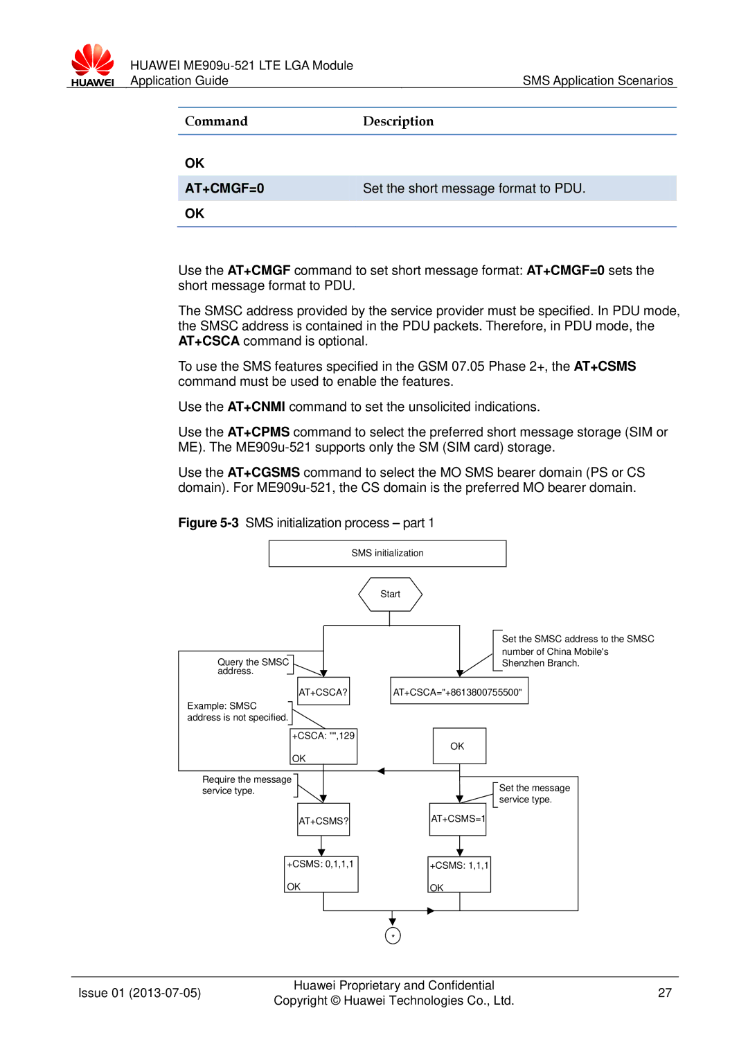 Huawei ME909u-521 manual AT+CMGF=0, Set the short message format to PDU 