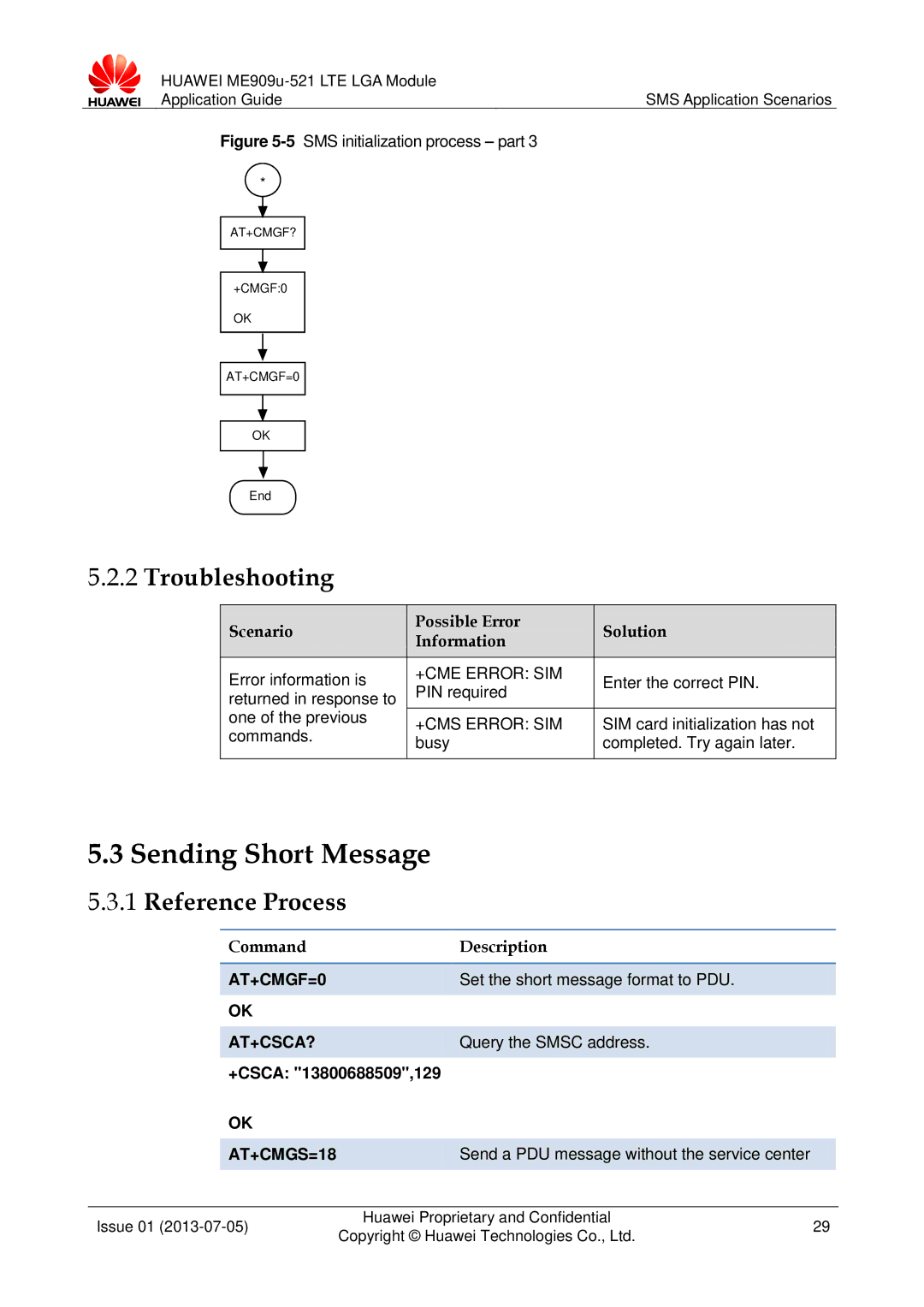 Huawei ME909u-521 manual Sending Short Message, +CMS Error SIM, Set the short message format to PDU, AT+CMGS=18 