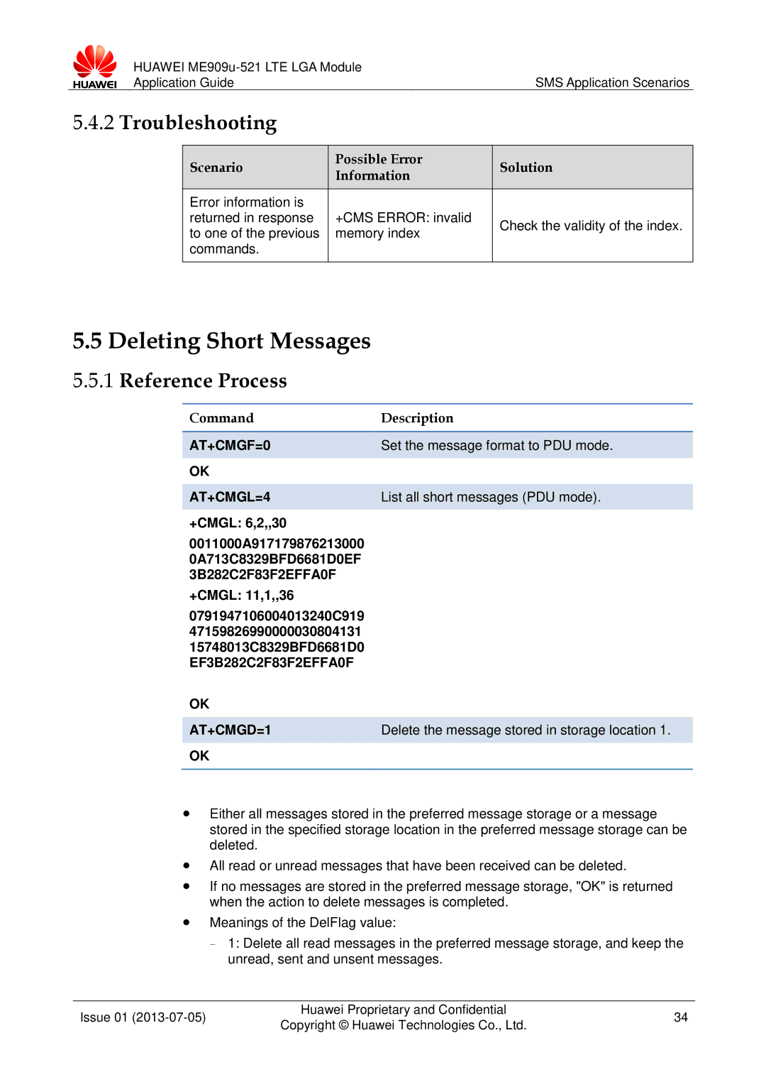 Huawei ME909u-521 manual Deleting Short Messages, AT+CMGL=4, EF3B282C2F83F2EFFA0F AT+CMGD=1 