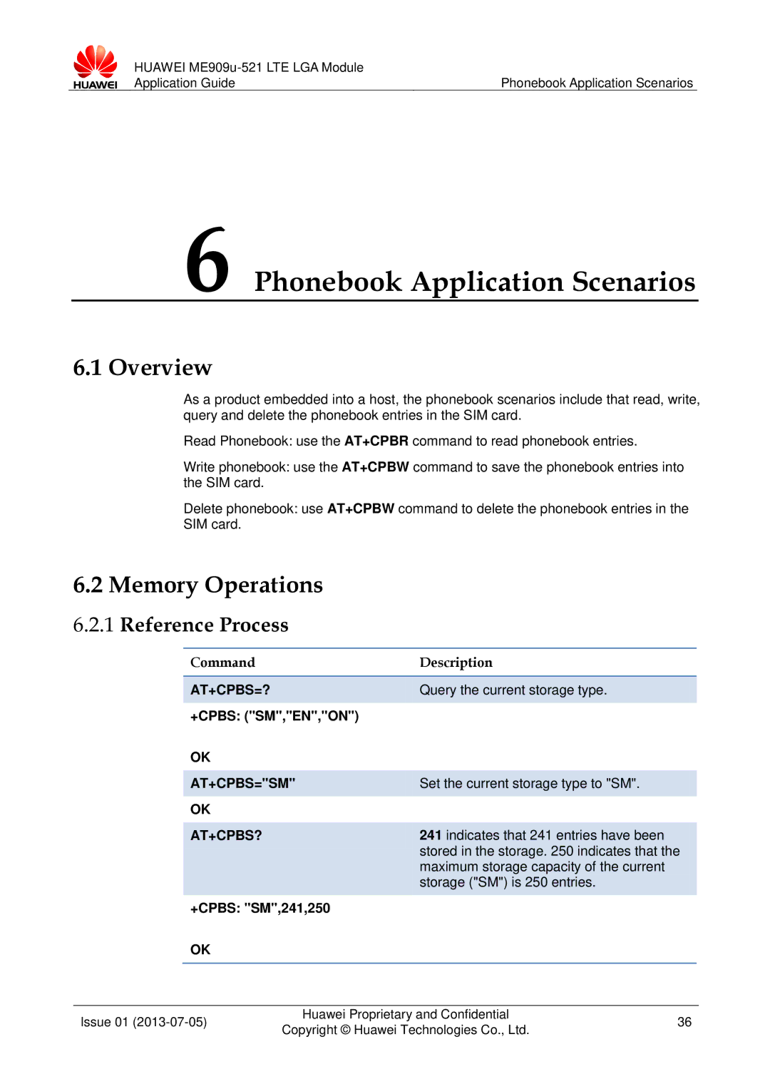 Huawei ME909u-521 manual Phonebook Application Scenarios, Memory Operations, At+Cpbs=?, At+Cpbs=Sm, At+Cpbs? 