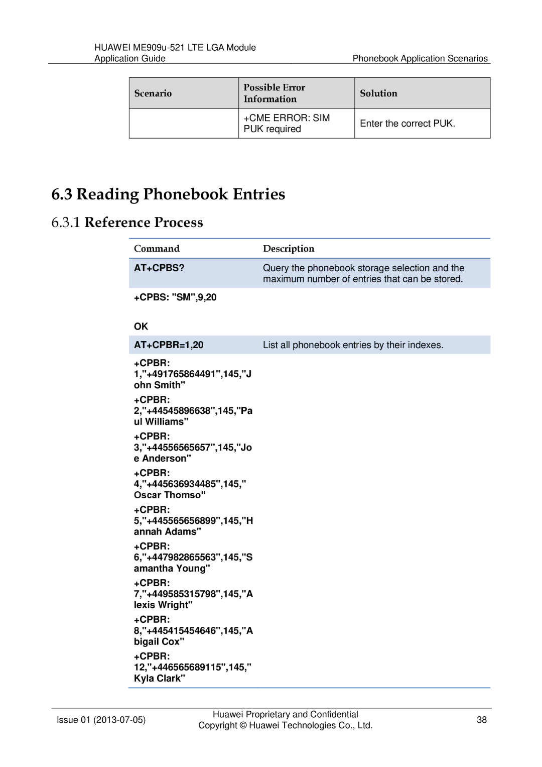 Huawei ME909u-521 manual Reading Phonebook Entries, +Cpbr 