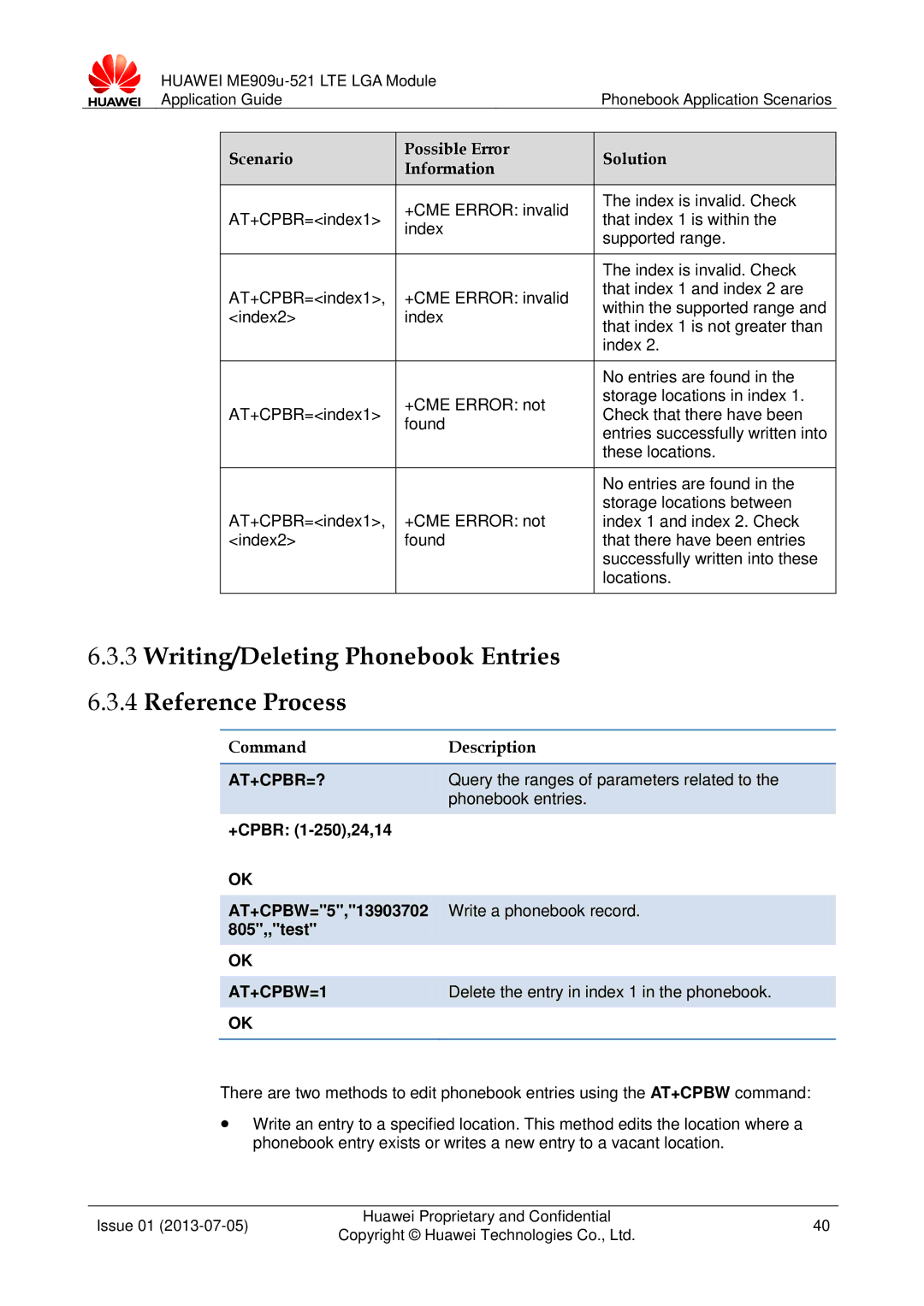 Huawei ME909u-521 manual Writing/Deleting Phonebook Entries Reference Process, At+Cpbr=?, AT+CPBW=1 