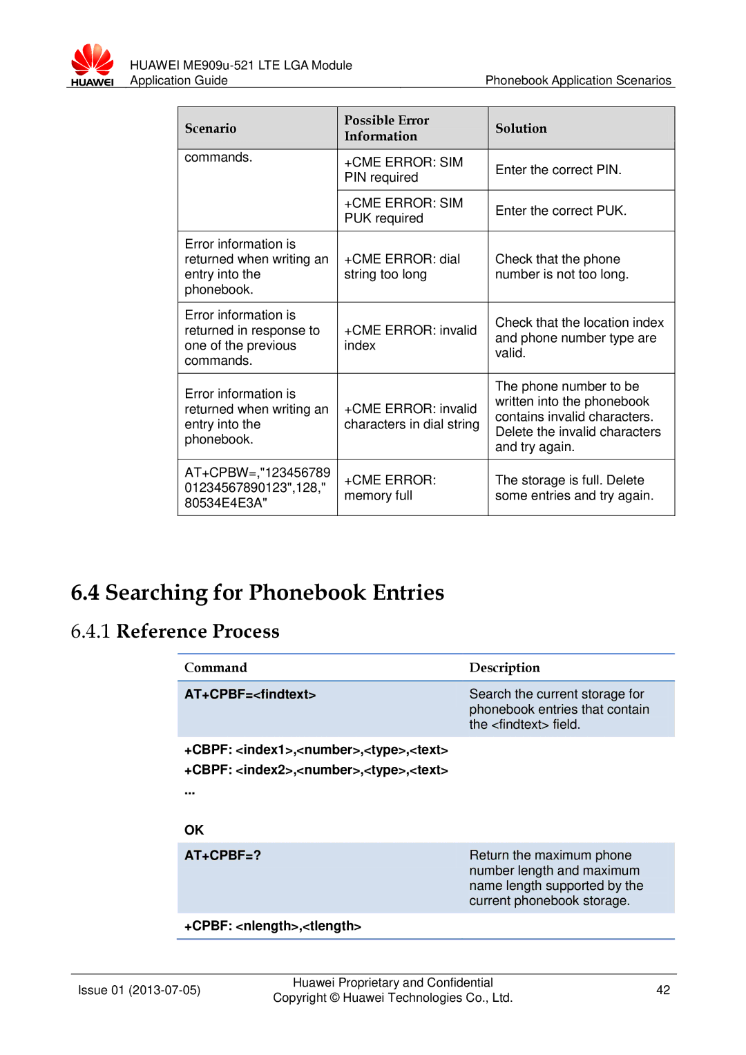 Huawei ME909u-521 manual Searching for Phonebook Entries, AT+CPBF=findtext, At+Cpbf=?, +CPBF nlength,tlength 