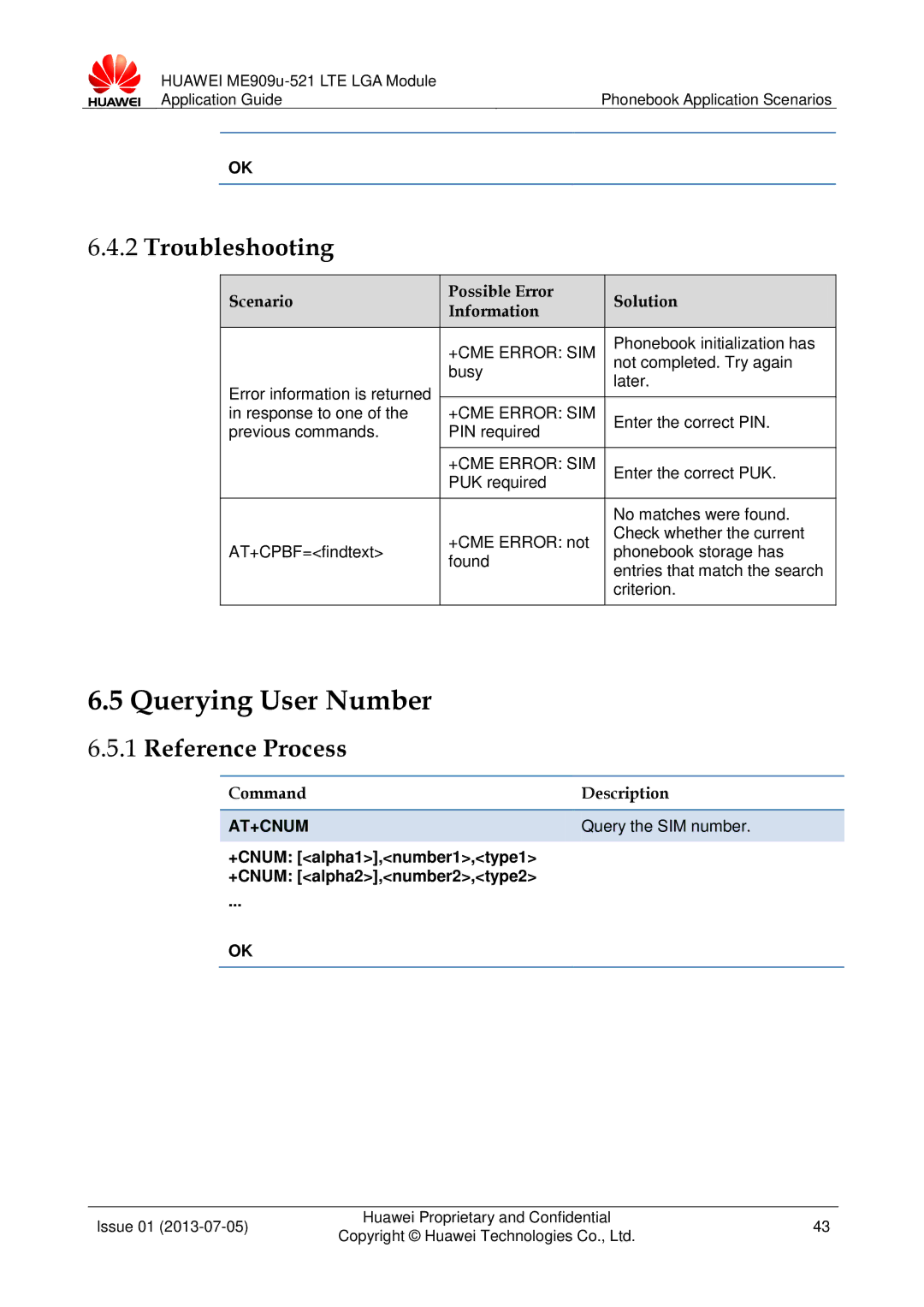 Huawei ME909u-521 manual Querying User Number, At+Cnum, Query the SIM number 