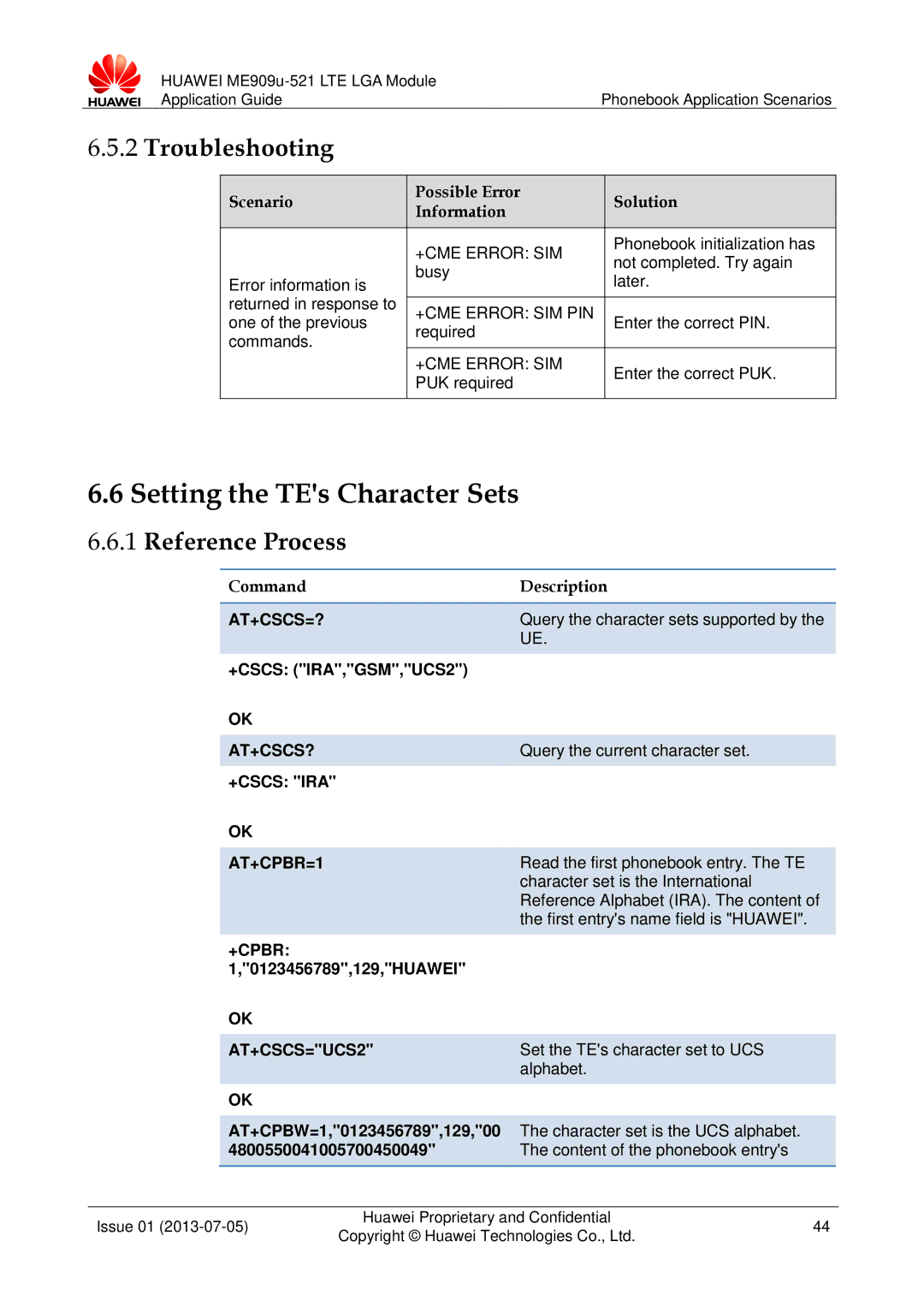 Huawei ME909u-521 manual Setting the TEs Character Sets, At+Cscs=?, At+Cscs?, +CSCS IRA AT+CPBR=1, AT+CSCS=UCS2 