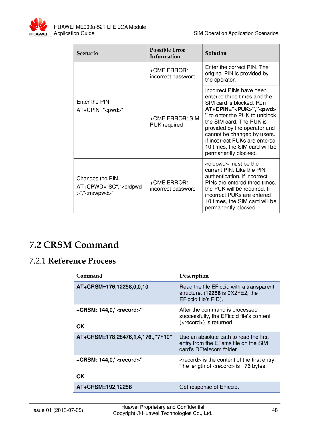 Huawei ME909u-521 manual Crsm Command 