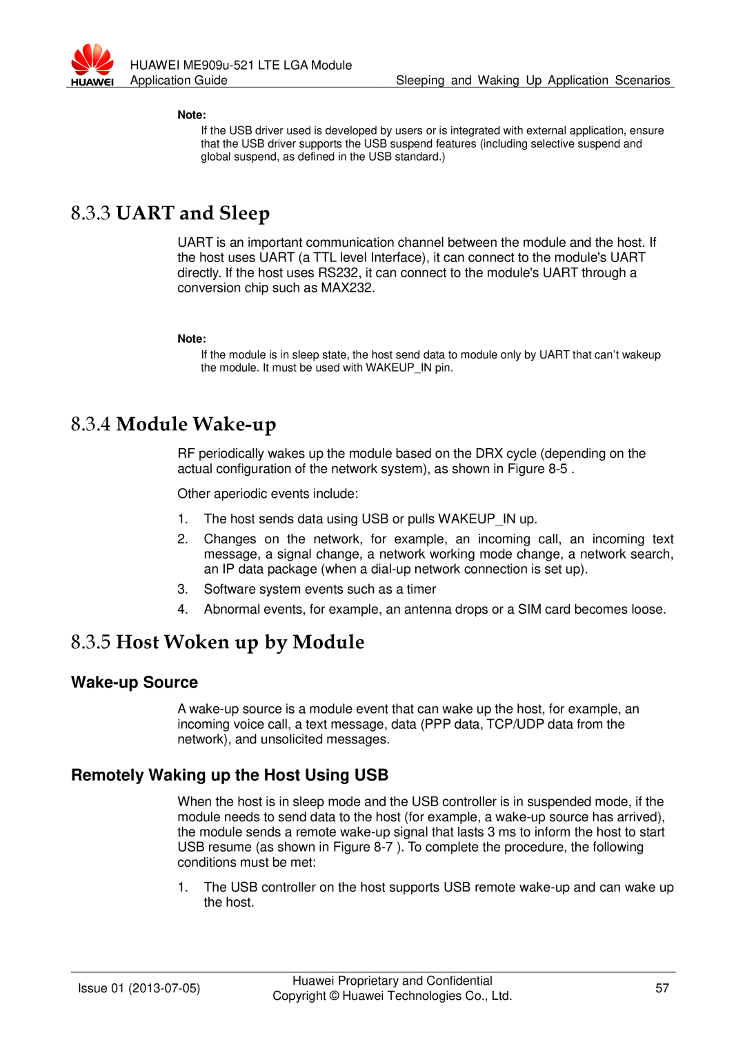 Huawei ME909u-521 manual Uart and Sleep, Module Wake-up, Host Woken up by Module 