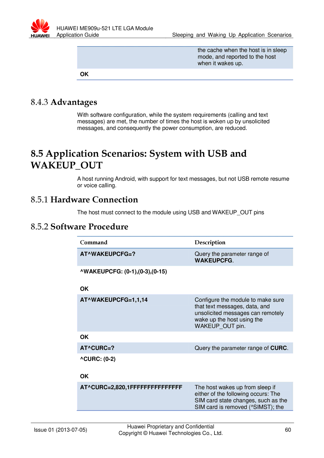 Huawei ME909u-521 manual Application Scenarios System with USB, Advantages, ATWAKEUPCFG=1,1,14 