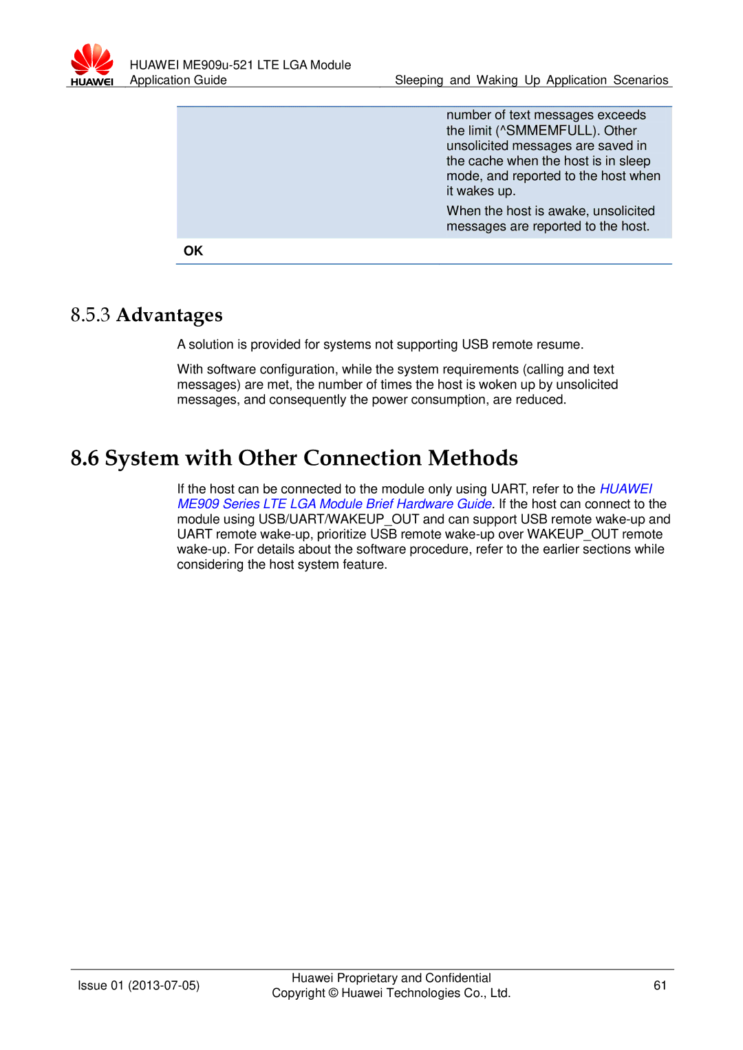 Huawei ME909u-521 manual System with Other Connection Methods, Mode, and reported to the host when, It wakes up 