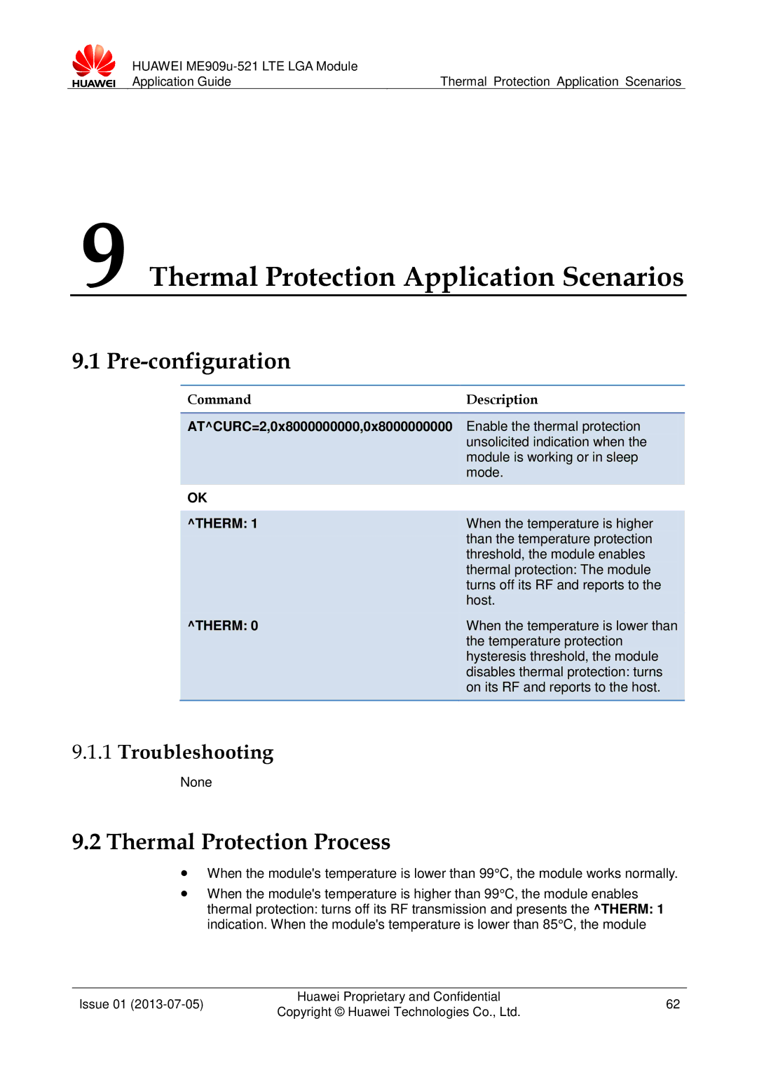 Huawei ME909u-521 manual Thermal Protection Application Scenarios, Pre-configuration, Thermal Protection Process 