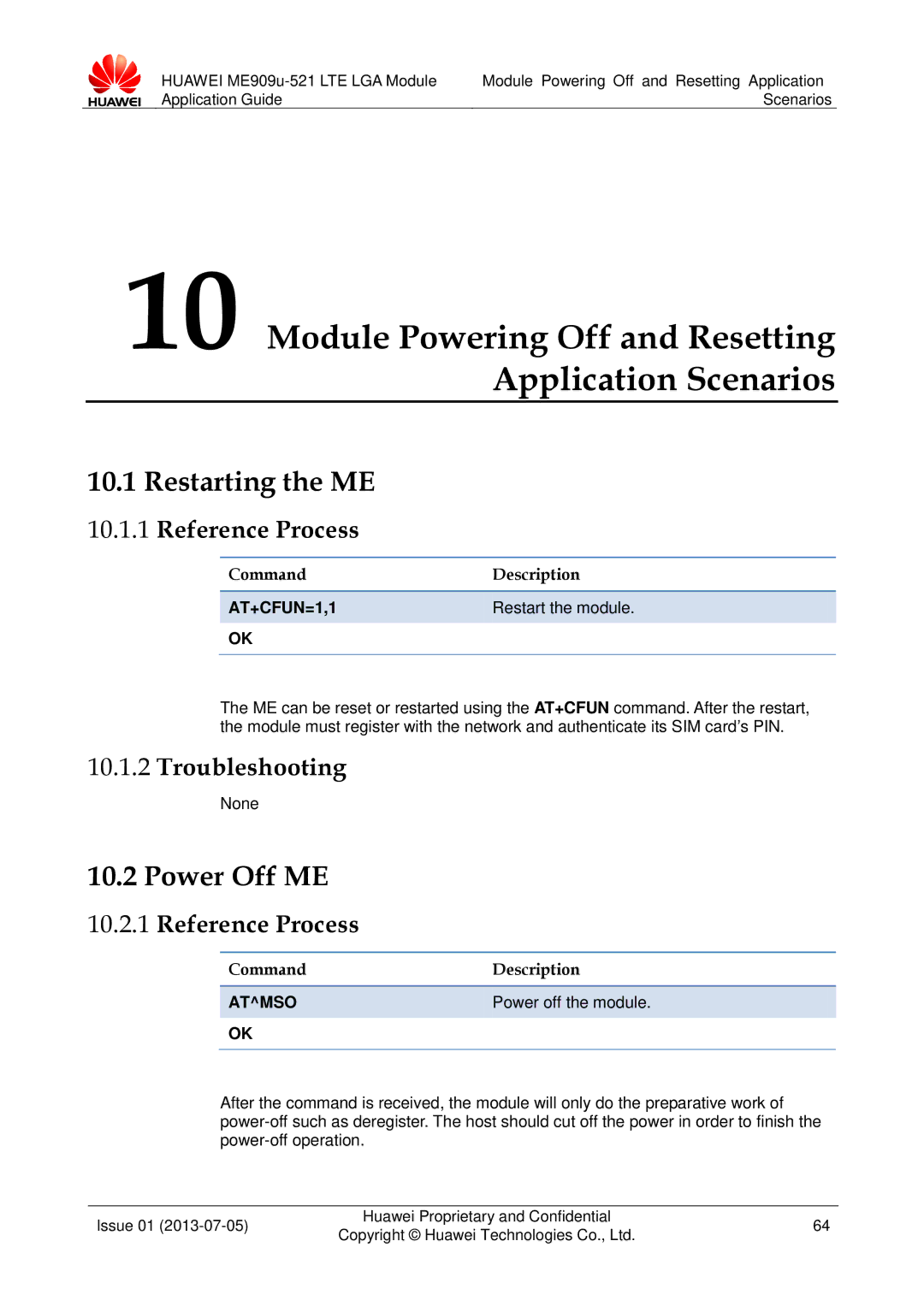 Huawei ME909u-521 Module Powering Off and Resetting Application Scenarios, Restarting the ME, Power Off ME, AT+CFUN=1,1 