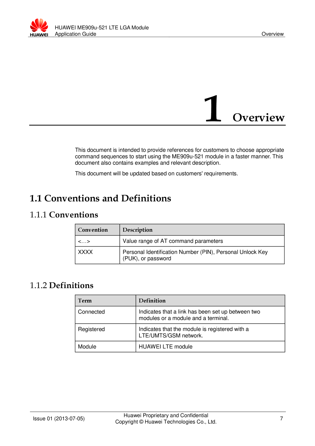 Huawei ME909u-521 manual Overview, Conventions and Definitions 