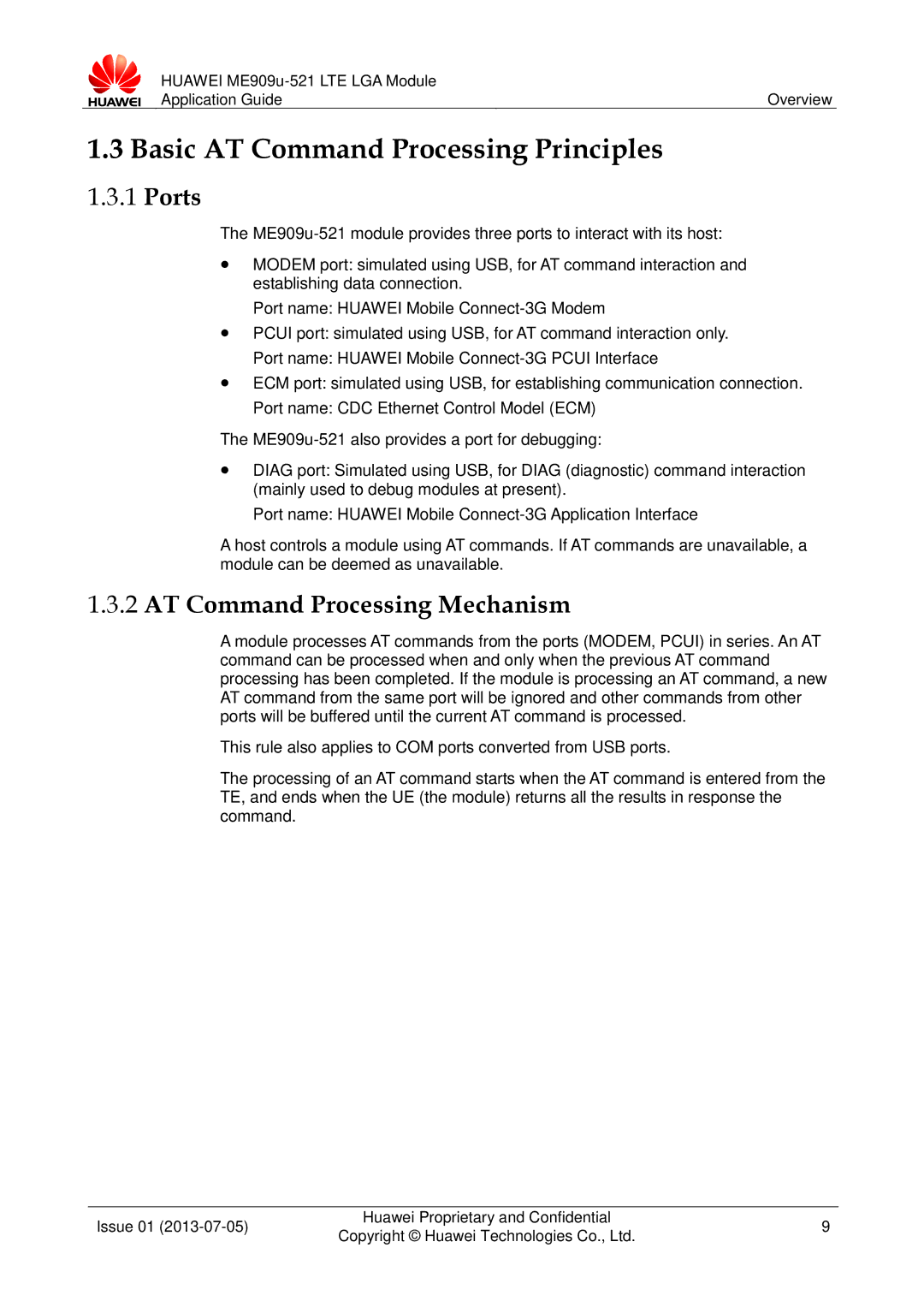 Huawei ME909u-521 manual Basic AT Command Processing Principles, Ports, AT Command Processing Mechanism 