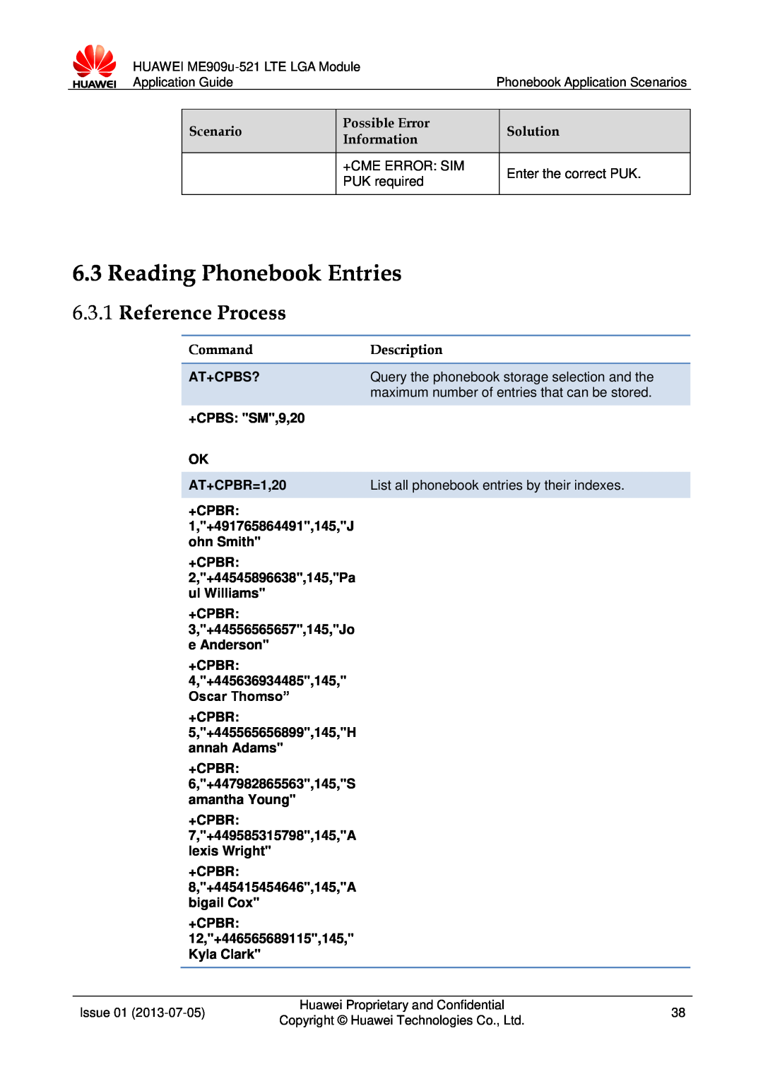 Huawei ME909u-521 manual Reading Phonebook Entries, Reference Process 