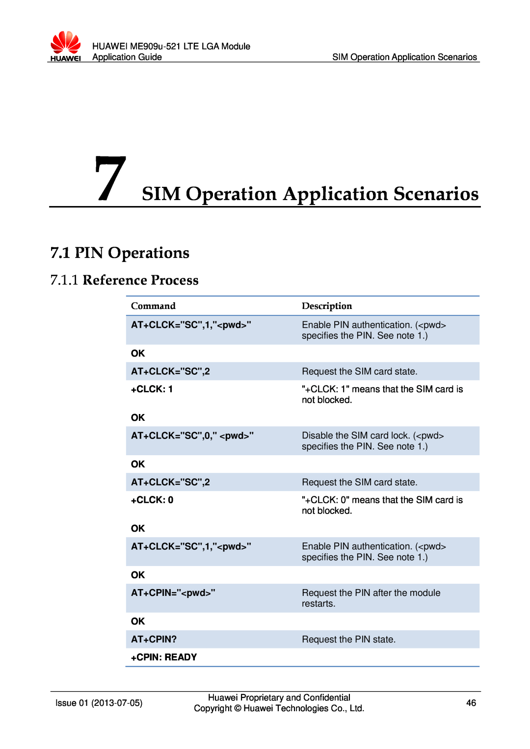 Huawei ME909u-521 manual SIM Operation Application Scenarios, PIN Operations, Reference Process 
