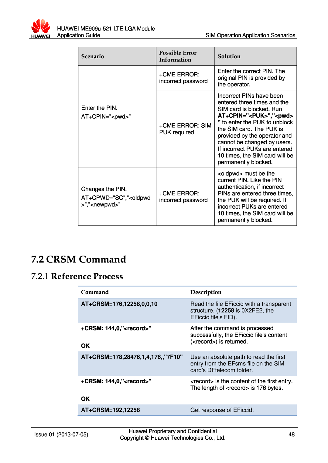 Huawei ME909u-521 manual CRSM Command, Reference Process 