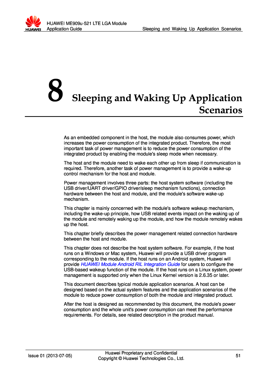 Huawei ME909u-521 manual Sleeping and Waking Up Application Scenarios 