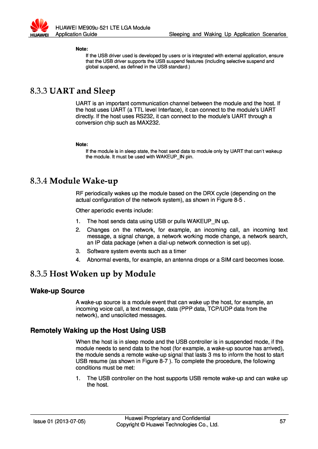 Huawei ME909u-521 manual UART and Sleep, Module Wake-up, Host Woken up by Module, Wake-up Source 