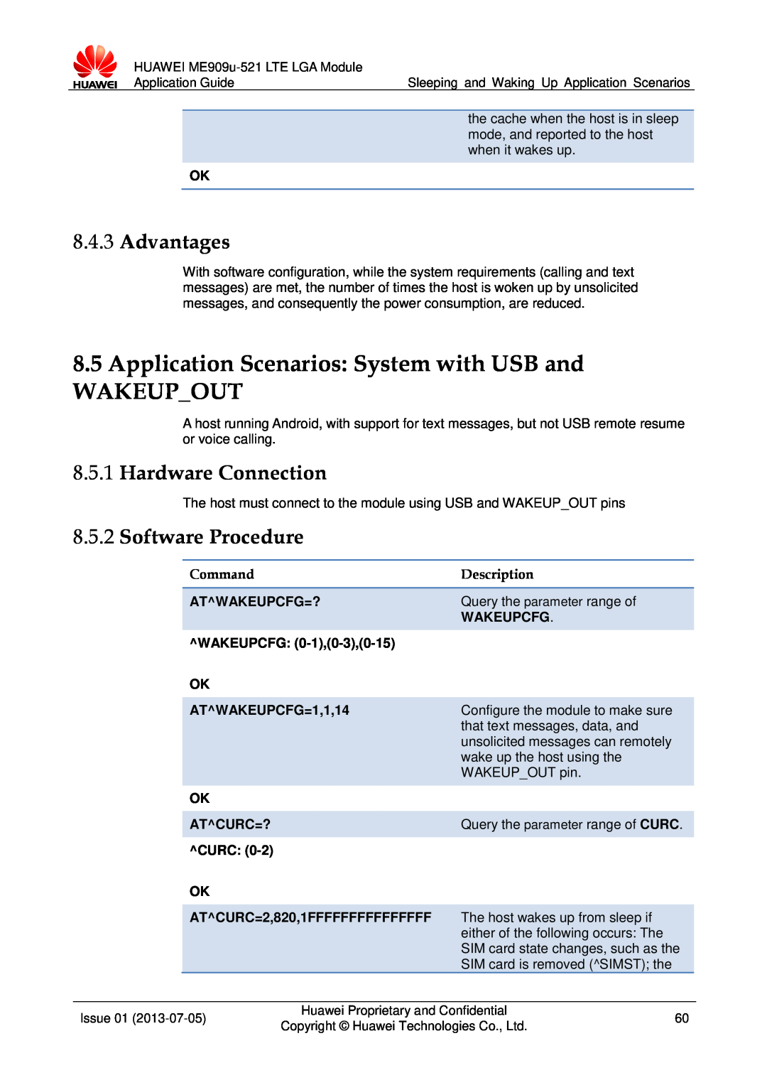 Huawei ME909u-521 Application Scenarios System with USB and WAKEUPOUT, Advantages, Hardware Connection, Software Procedure 