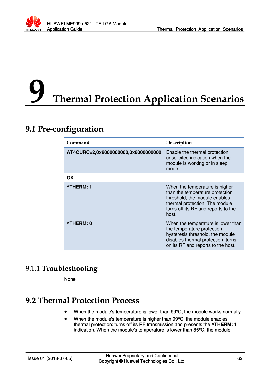 Huawei ME909u-521 Thermal Protection Application Scenarios, Pre-configuration, Thermal Protection Process, Troubleshooting 