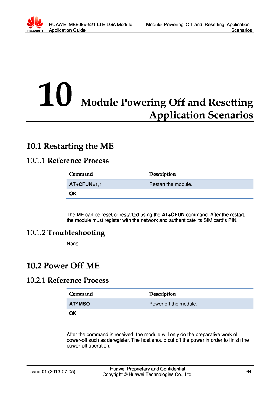 Huawei ME909u-521 manual Module Powering Off and Resetting Application Scenarios, Restarting the ME, Power Off ME 