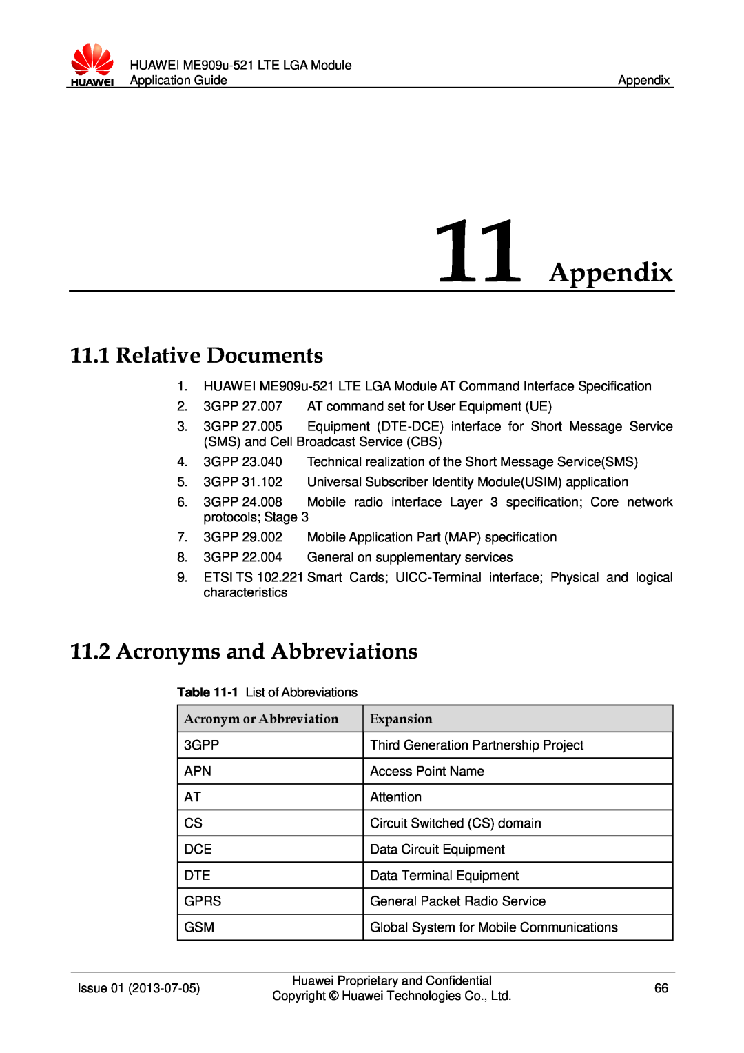 Huawei ME909u-521 manual Appendix, Relative Documents, Acronyms and Abbreviations 