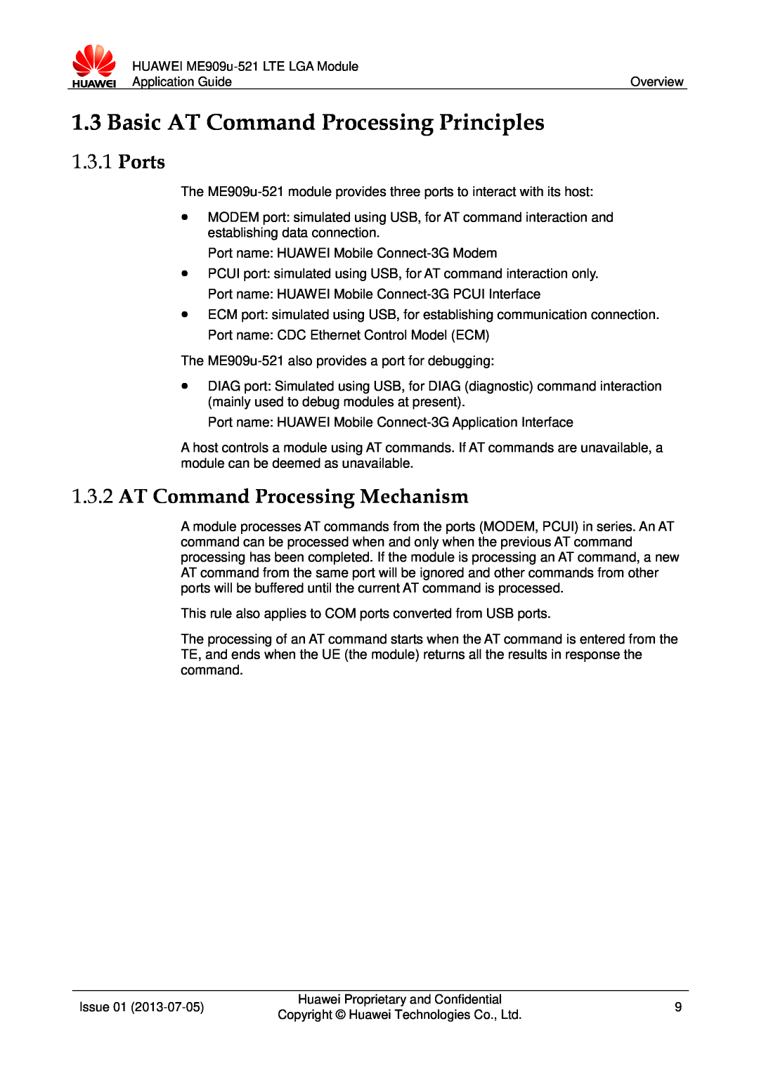 Huawei ME909u-521 manual Basic AT Command Processing Principles, Ports, AT Command Processing Mechanism 