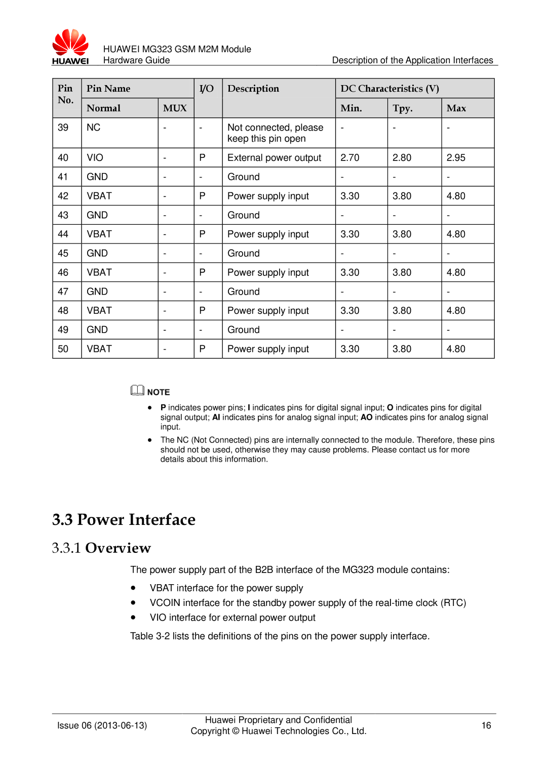 Huawei MG323 manual Power Interface, Overview, Vio, Vbat 